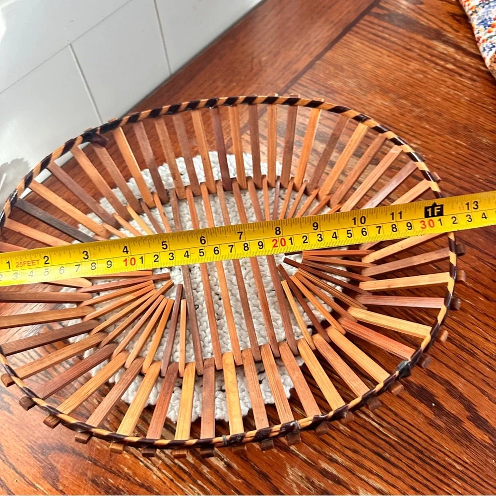 Vintage MCM bamboo wood slat basket oval shape